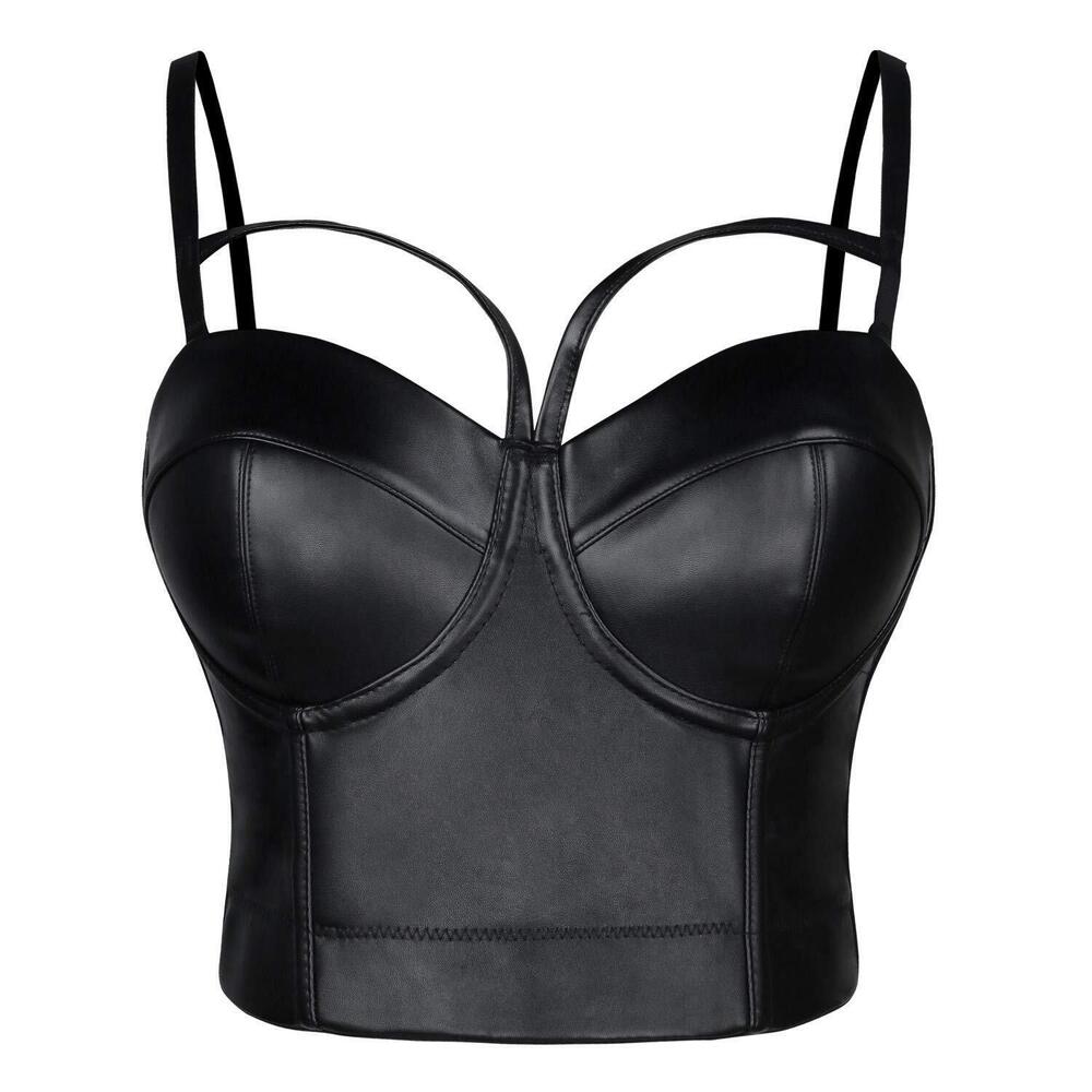 1976 Spaghetti Straps Gothic PU Leather Corset Club Party Bustier Crop Top